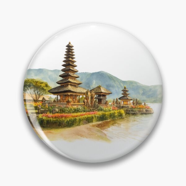 Item preview, Serenity by the water, a timeless temple nestled between blooming gardens, gentle waves, and misty mountains, bali illustration designed and sold by sabartgunpla.