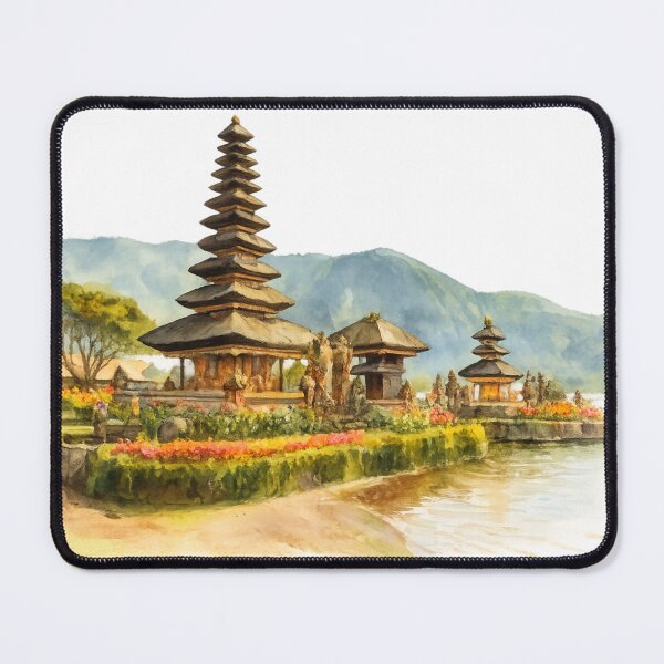 Item preview, Serenity by the water, a timeless temple nestled between blooming gardens, gentle waves, and misty mountains, bali illustration designed and sold by sabartgunpla.