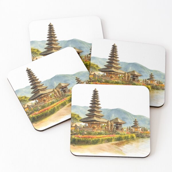 Item preview, Serenity by the water, a timeless temple nestled between blooming gardens, gentle waves, and misty mountains, bali illustration designed and sold by sabartgunpla.