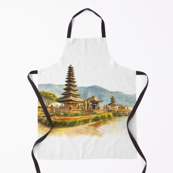 Item preview, Serenity by the water, a timeless temple nestled between blooming gardens, gentle waves, and misty mountains, bali illustration designed and sold by sabartgunpla.