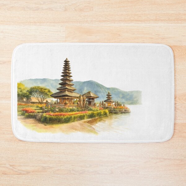 Item preview, Serenity by the water, a timeless temple nestled between blooming gardens, gentle waves, and misty mountains, bali illustration designed and sold by sabartgunpla.
