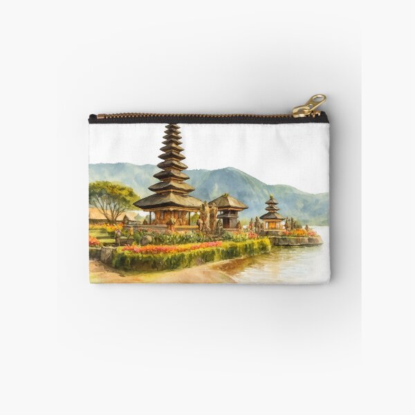 Item preview, Serenity by the water, a timeless temple nestled between blooming gardens, gentle waves, and misty mountains, bali illustration designed and sold by sabartgunpla.
