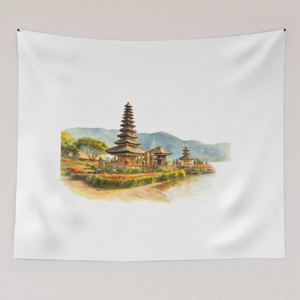Item preview, Serenity by the water, a timeless temple nestled between blooming gardens, gentle waves, and misty mountains, bali illustration designed and sold by sabartgunpla.