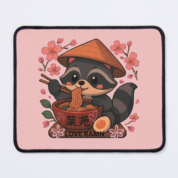 Item preview, PLAYFUL AND CUTE KAWAII ANIME RACCOON EATING RAMEN NOODLES SURROUNDED BY CHERRY BLOSSOM designed and sold by MKTreasures.