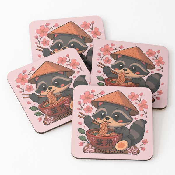 Item preview, PLAYFUL AND CUTE KAWAII ANIME RACCOON EATING RAMEN NOODLES SURROUNDED BY CHERRY BLOSSOM  designed and sold by MKTreasures.