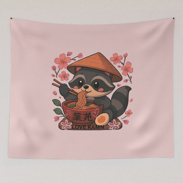 Item preview, PLAYFUL AND CUTE KAWAII ANIME RACCOON EATING RAMEN NOODLES SURROUNDED BY CHERRY BLOSSOM  designed and sold by MKTreasures.