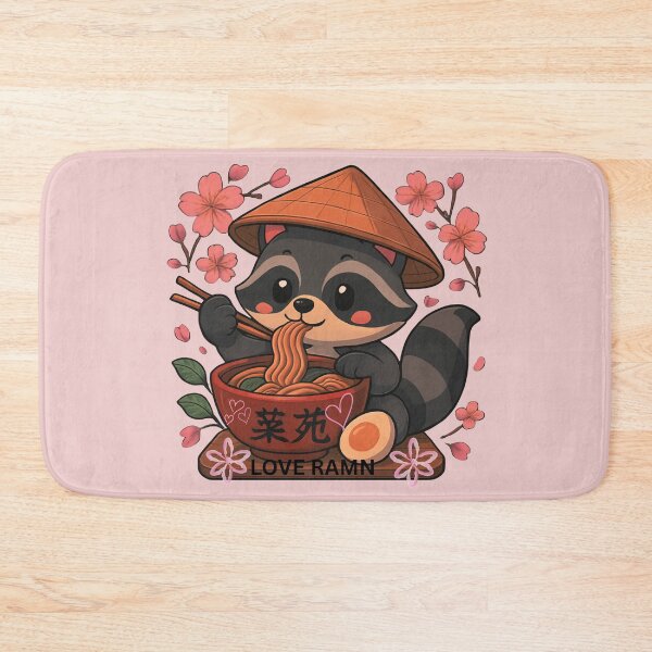 Item preview, PLAYFUL AND CUTE KAWAII ANIME RACCOON EATING RAMEN NOODLES SURROUNDED BY CHERRY BLOSSOM  designed and sold by MKTreasures.