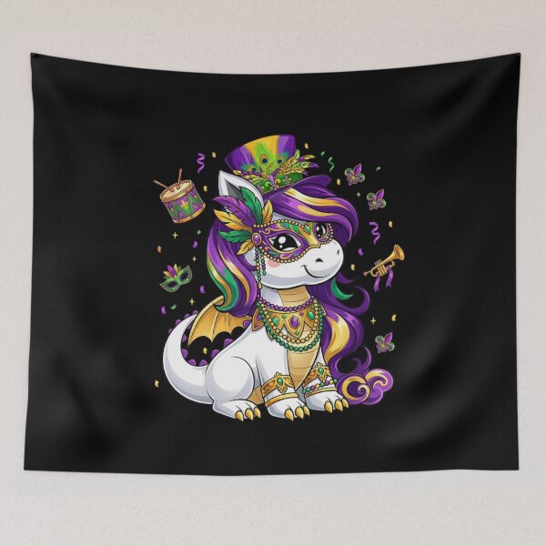 Item preview, Cute Mardi Gras Dragon With Mask And Beads designed and sold by CORJIDOG-ART.