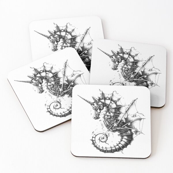 Item preview, Steampunk Seahorse – Mechanical Nautical Black and White Fantasy Illustration designed and sold by inkoutninja.