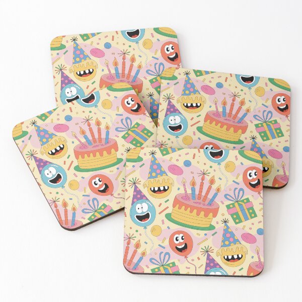 Item preview, Excited Birthday Party Pattern - Grinning Balloons in Party Hats & Cakes designed and sold by Midnight Veil Designs.