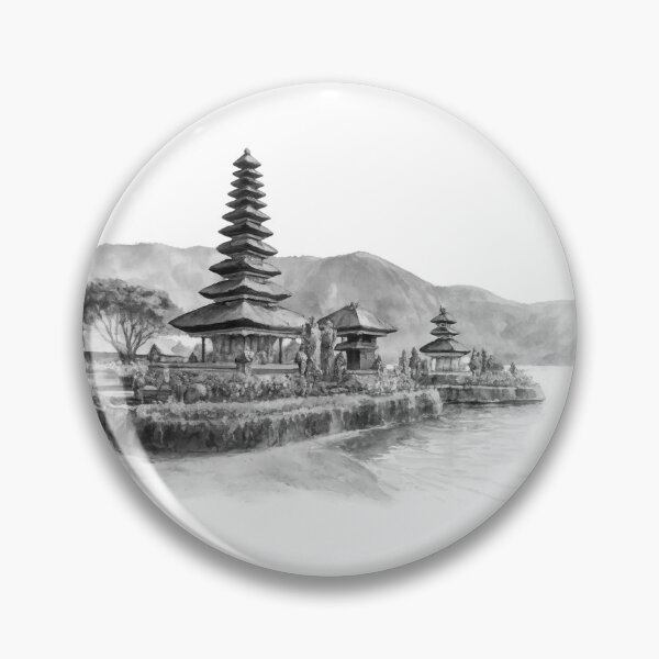 Item preview, black white Serenity by the water, a timeless temple nestled between blooming gardens, gentle waves, and misty mountains, bali illustration designed and sold by sabartgunpla.