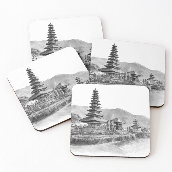 Item preview, black white Serenity by the water, a timeless temple nestled between blooming gardens, gentle waves, and misty mountains, bali illustration designed and sold by sabartgunpla.