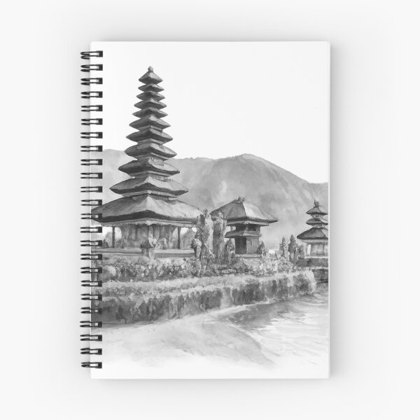 Item preview, black white Serenity by the water, a timeless temple nestled between blooming gardens, gentle waves, and misty mountains, bali illustration designed and sold by sabartgunpla.