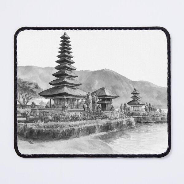 Item preview, black white Serenity by the water, a timeless temple nestled between blooming gardens, gentle waves, and misty mountains, bali illustration designed and sold by sabartgunpla.
