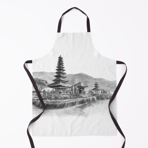 Item preview, black white Serenity by the water, a timeless temple nestled between blooming gardens, gentle waves, and misty mountains, bali illustration designed and sold by sabartgunpla.