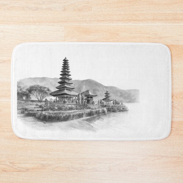Item preview, black white Serenity by the water, a timeless temple nestled between blooming gardens, gentle waves, and misty mountains, bali illustration designed and sold by sabartgunpla.