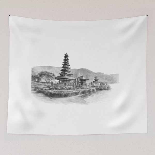 Item preview, black white Serenity by the water, a timeless temple nestled between blooming gardens, gentle waves, and misty mountains, bali illustration designed and sold by sabartgunpla.