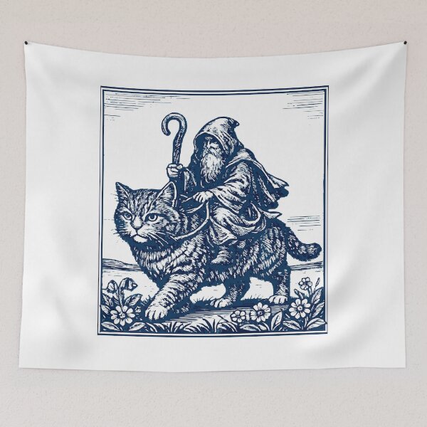 Item preview, Medieval Wizard Riding a Giant Cat – Vintage Illustration designed and sold by Wild Shirt Studio.