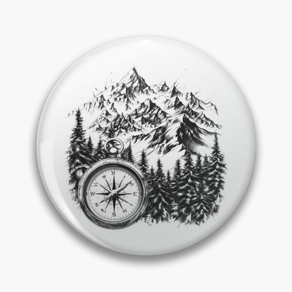Artikelvorschau, Bergkompass-Abenteuer – Schwarz-Weiß-Illustration der Wildnis entworfen und verkauft von inkoutninja.