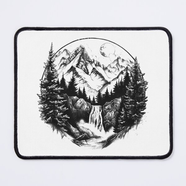 Artikelvorschau, Bergwasserfalllandschaft – Schwarz-Weiß-Illustration eines Wildnisabenteuers entworfen und verkauft von inkoutninja.