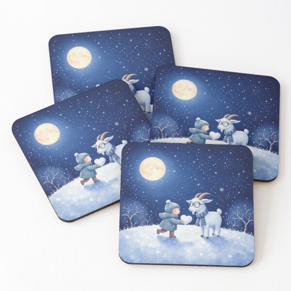 Item preview, Winter Moonlight Gift – Whimsical Child Giving a Snow Heart to a Goat designed and sold by Whimsical Hug.