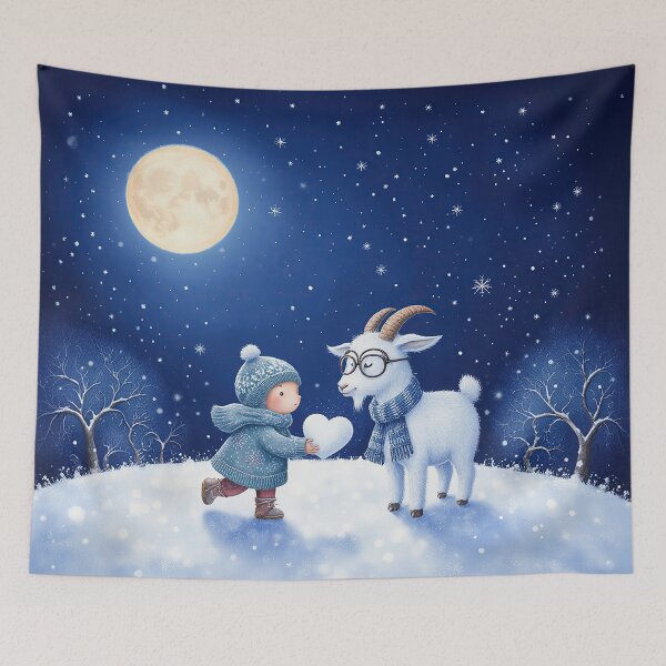 Item preview, Winter Moonlight Gift – Whimsical Child Giving a Snow Heart to a Goat designed and sold by Whimsical Hug.