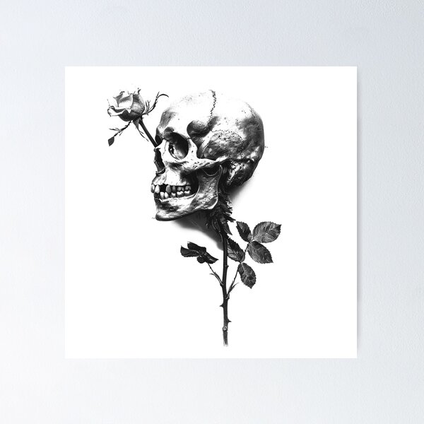 Item preview, Skull and Rose – Dark Gothic Botanical Black and White Illustration designed and sold by inkoutninja.