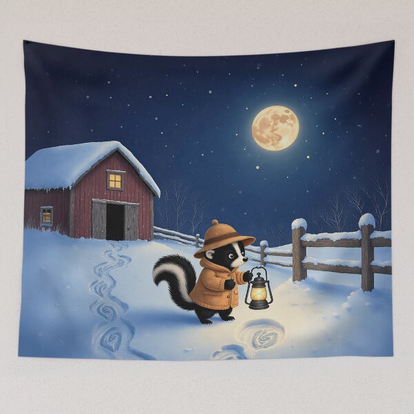 Item preview, Moonlit Winter Wanderer – Whimsical Skunk with Lantern in the Snow designed and sold by Whimsical Hug.