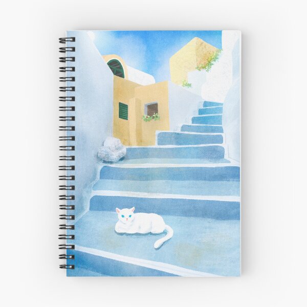 Item preview, Azure Steps: A White Cat in Sun-Drenched Santorini designed and sold by QamarART Paintings.
