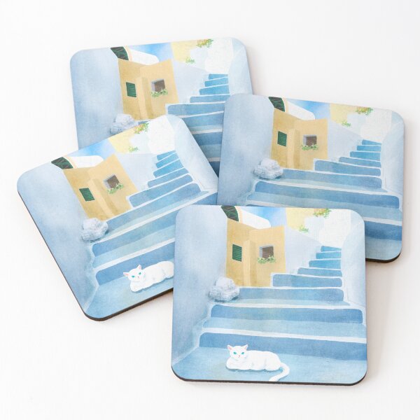 Item preview, Azure Steps: A White Cat in Sun-Drenched Santorini designed and sold by QamarART Paintings.