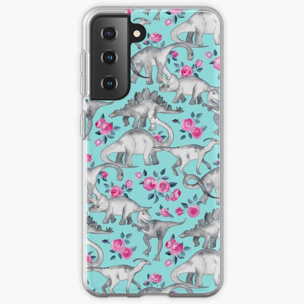 Dinosaurs and Roses – turquoise blue Samsung Galaxy Soft Case