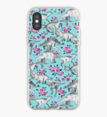 Dinosaurier und Rosen - türkisblau iPhone-Hülle & Cover