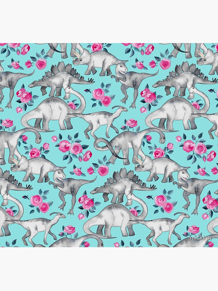 Dinosaurs and Roses – turquoise blue by micklyn