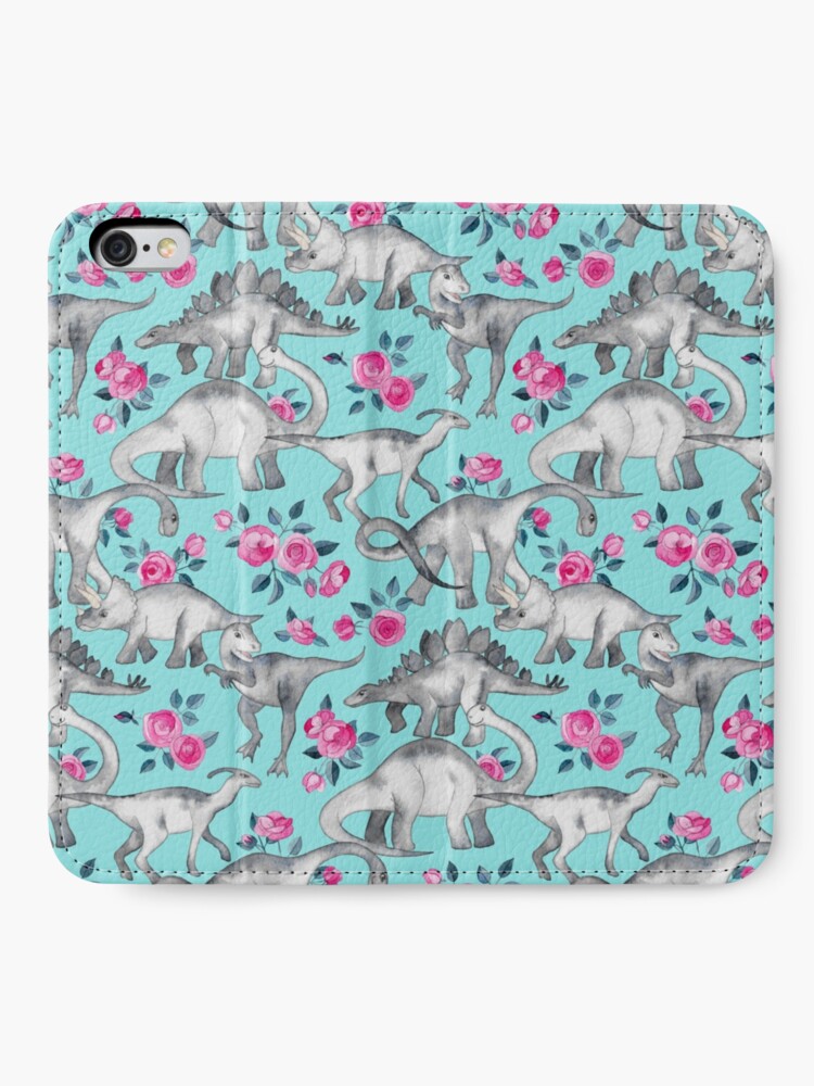 Alternate view of Dinosaurs and Roses – turquoise blue iPhone Wallet