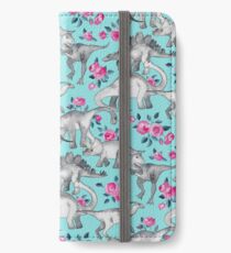 Vinilo o funda para iPhone Dinosaurios y rosas - azul turquesa