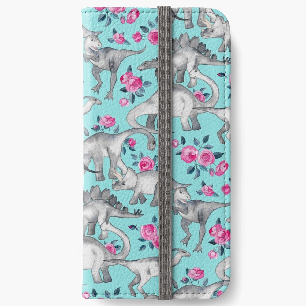 Dinosaurs and Roses – turquoise blue iPhone Wallet