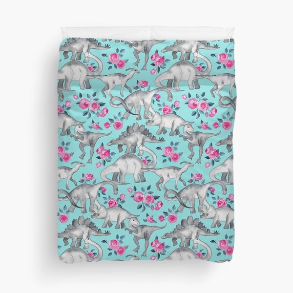 Dinosaurs and Roses – turquoise blue Duvet Cover
