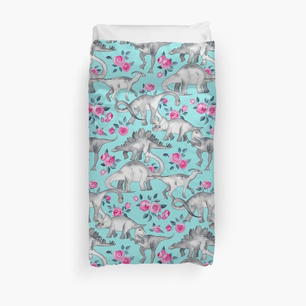 Dinosaurs and Roses – turquoise blue Duvet Cover