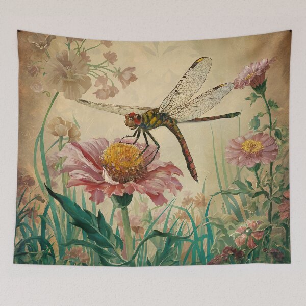 Item preview, William Morris Style Dragonfly Floral Art | Vintage Botanical Arts and Crafts Illustration designed and sold by Tamas Das.