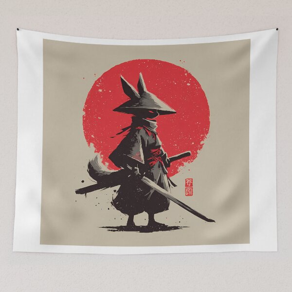 Item preview, Kitsune Ronin • Fox Samurai Under Red Sun Ink Wash Poster designed and sold by NeonHorizon Studio.