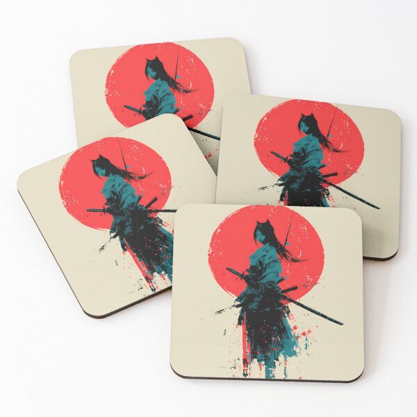 Item preview, Red Sun Kitsune Ronin Girl • Japanese Ink Wash Samurai Art designed and sold by NeonHorizon Studio.