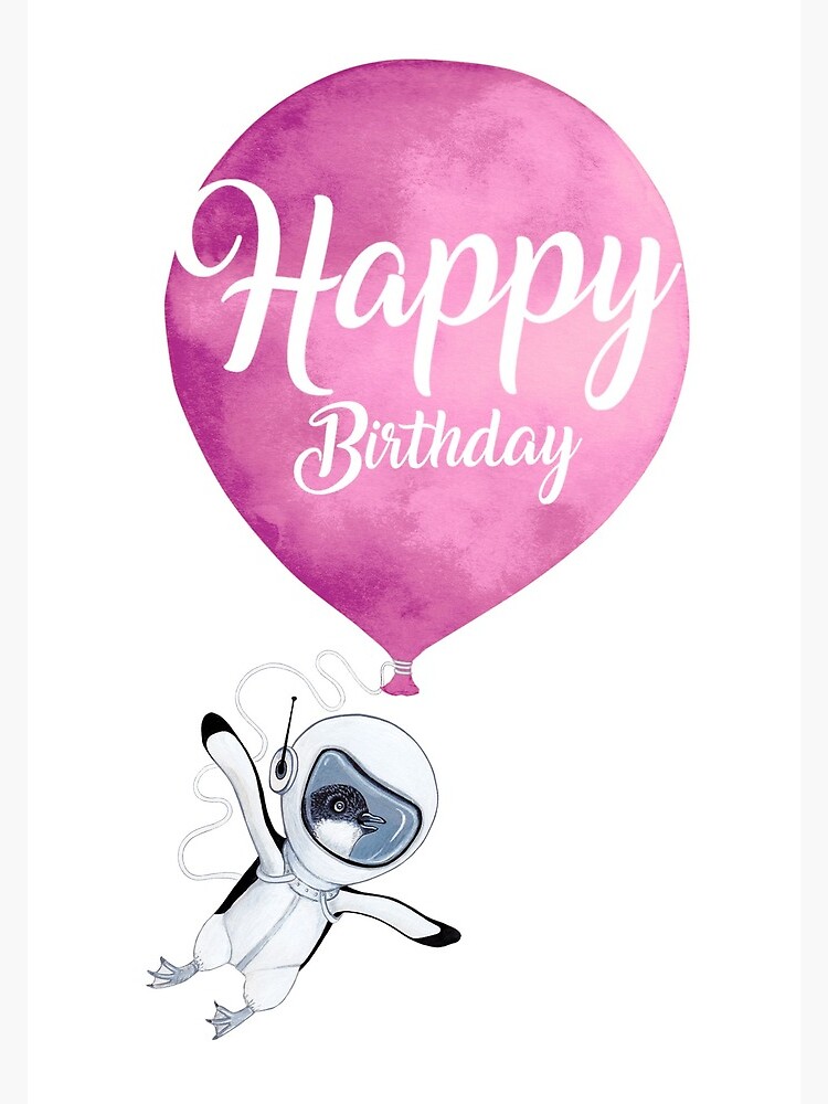 Carte De Vœux Joyeux Anniversaire Carte De Voeux Pingouin Avec Ballon Par Ruta Redbubble