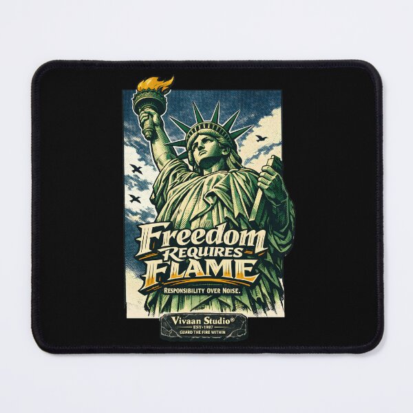 Item preview, Freedom Requires Flame Statue of Liberty Vintage 90s Documentary Style Illustration - Responsibility Over Noise Stoic Patriotism Art - Retro Navy and Forest Green Liberty Torch Poster designed and sold by Vivaan Studio.