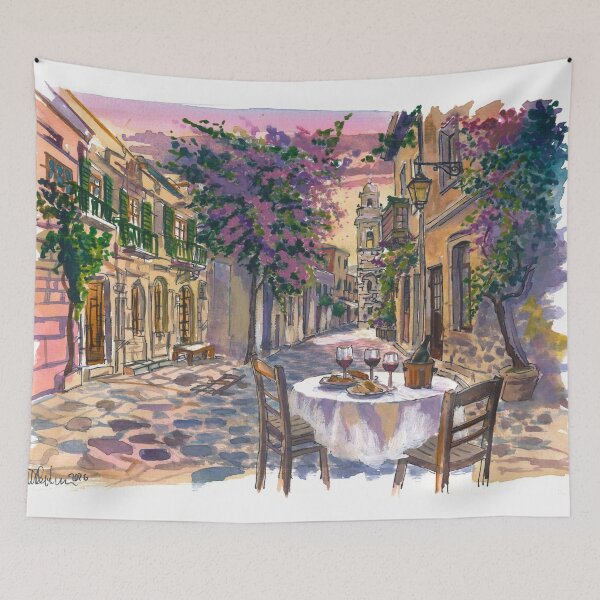 Item preview, Rethymno Street Scene Painting with Venetian Architecture and Warm Light designed and sold by artshop77.