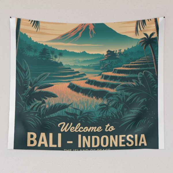 Item preview, Bali Indonesia Vintage Travel Poster – Rice Terrace Sunset Wall Art – Tropical Landscape Retro Print designed and sold by Timeless Design.