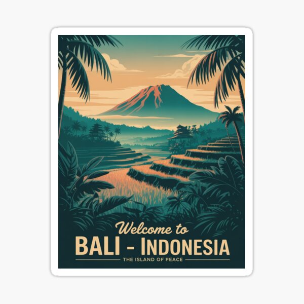 Bali Indonesia Vintage Travel Poster – Rice Terrace Sunset Wall Art – Tropical Landscape Retro Print Sticker