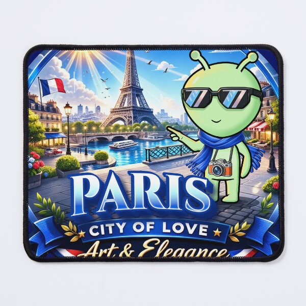 Item preview, Cosmic Paris: Alien Traveler at Eiffel Tower - Premium Travel Badge Art designed and sold by AmazingEG.