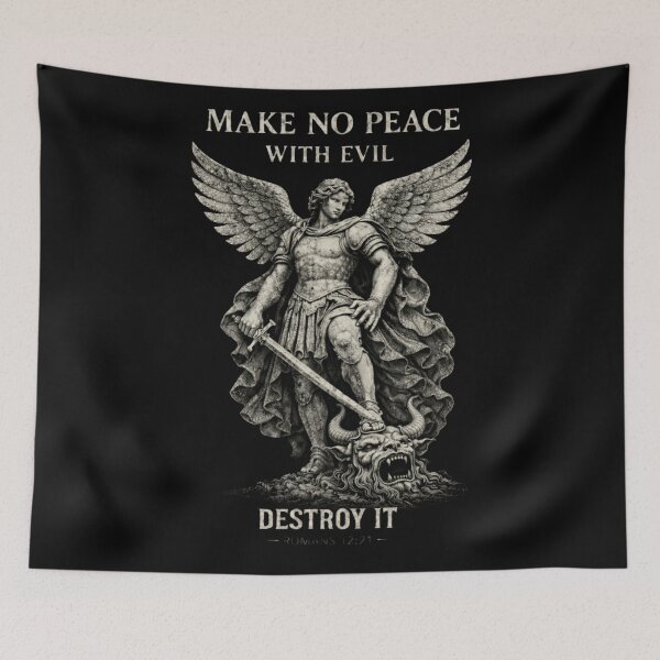 Item preview, Make no Peace with Evil Destroy It - Archangel Michael Defeating Evil designed and sold by Blood Washed Apparel.