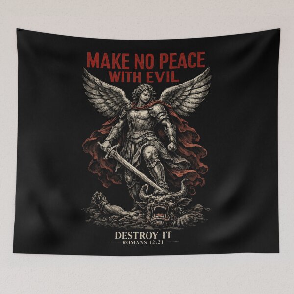 Item preview, Make No peace with Evil Destroy It - Gothic Christian Archangel Michael Defeating Molech Baal designed and sold by Blood Washed Apparel.