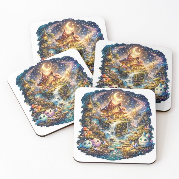 Item preview, Enchanted Mushroom Cottage – Magical Waterfall Fantasy Night Art designed and sold by ArvynArt.